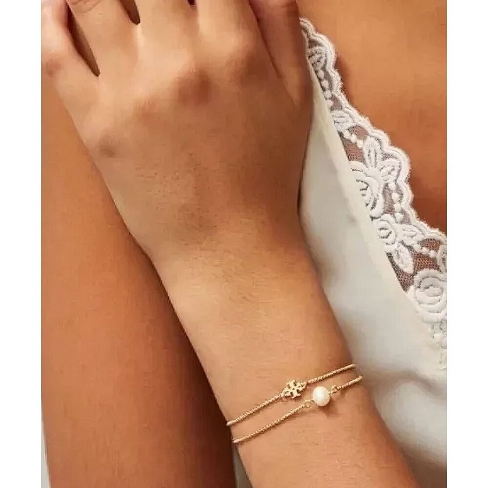 Tory Burch Logo Pearl Slider Adjustable Bracelet Gold OS - Picture 2 of 12